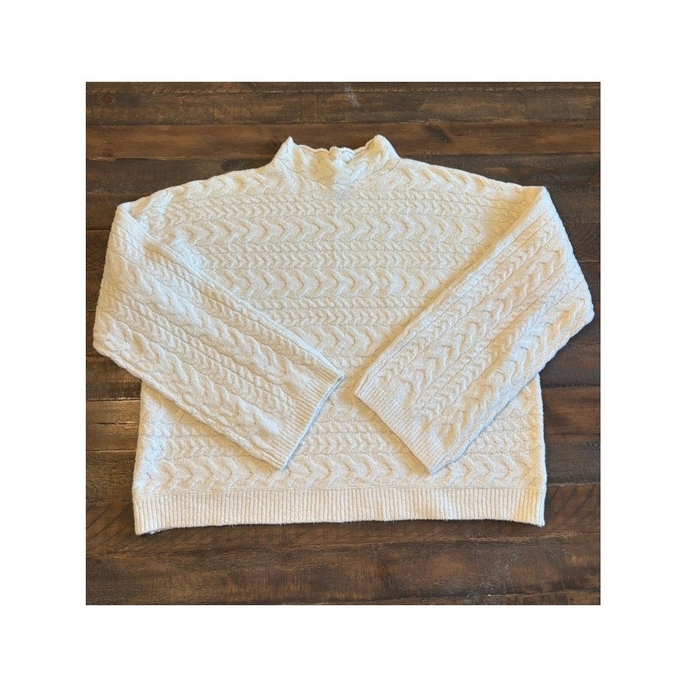 Lands' End Sweater Womens L 14-16 Ivory Cable Knit Mock Neck Scalloped Grandma